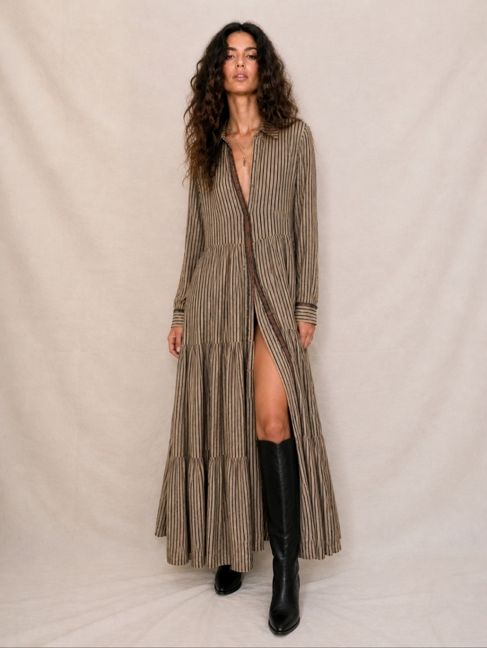 Free People Medina Maxi Top XL Boho Tiered Button Dress Gold Cottage Prairie